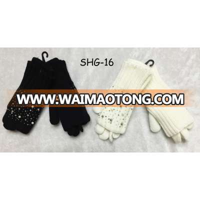 Fashion China wholesales new designer admirable adult set fringer knit acrylic womens winter stones pearl factory crochet gloves