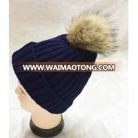 Hot sold manufacturer navy blue pleasant crochet cap warm solid lady men unisex chunky winter knitted hat with faux fur pompom