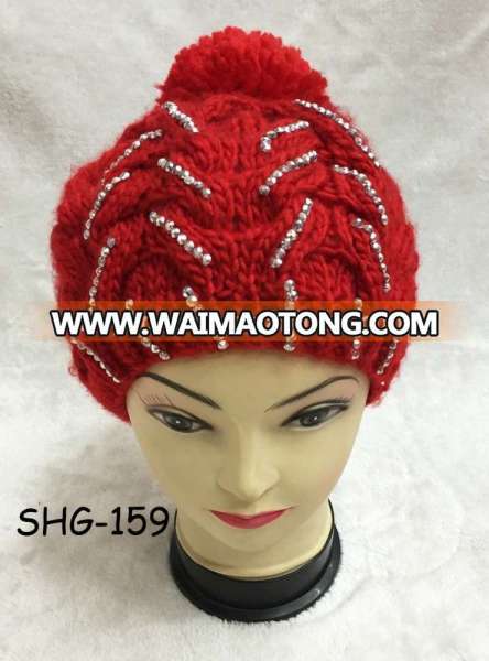 Waimaotong yiwu premium supplier USA perfect womans unique chic warm crochet acrylic red cloth cap knitted pompom stone winter hats